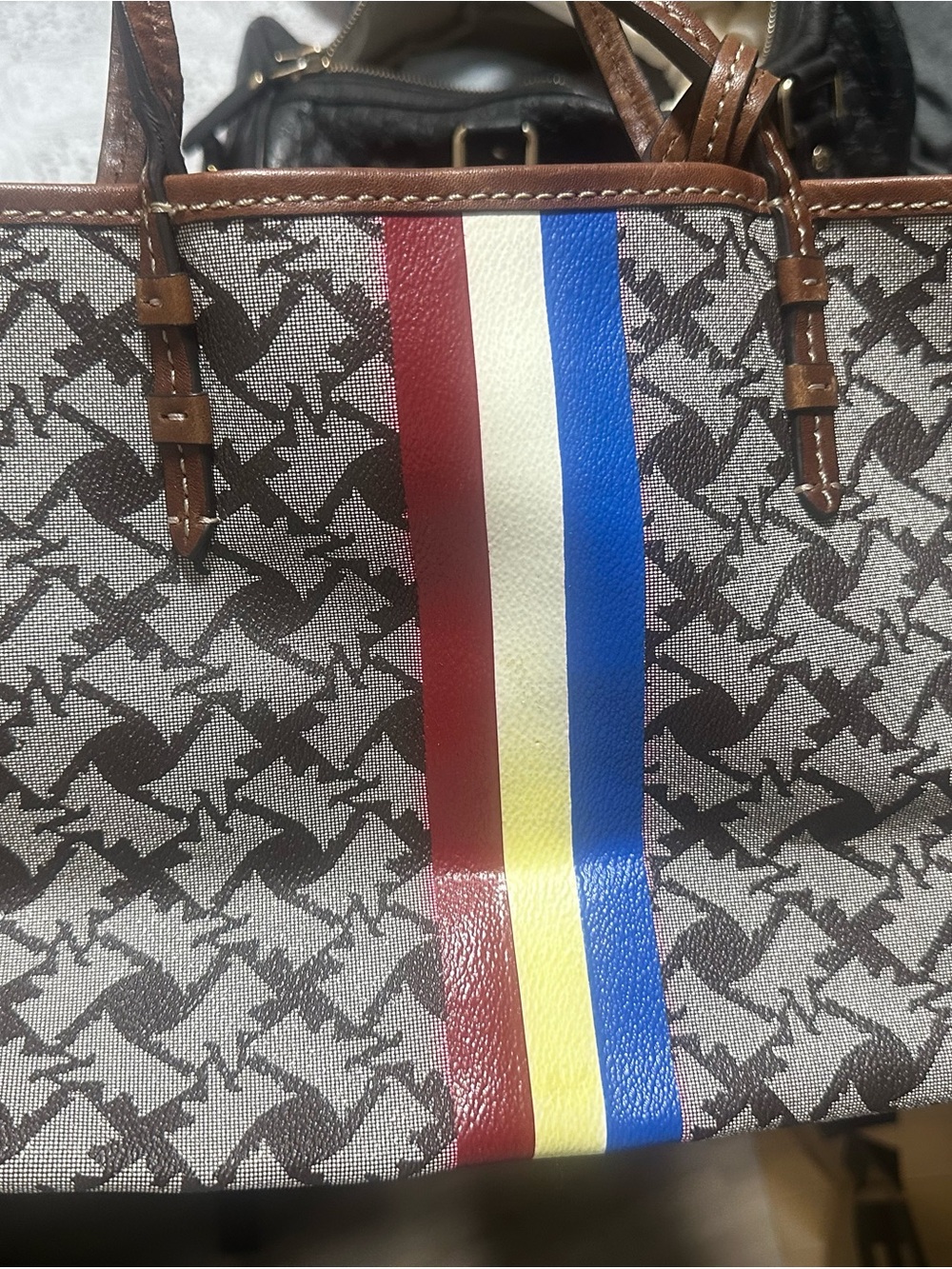 Juicy Couture Brown Monogram Tote with Red, White, Yellow & Blue Stripe